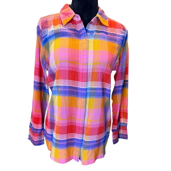 Soft Surroundings Tops - Soft Surroundings Sansonne Blouse Rainbow Plaid Crinkle Cotton Shirt Medium